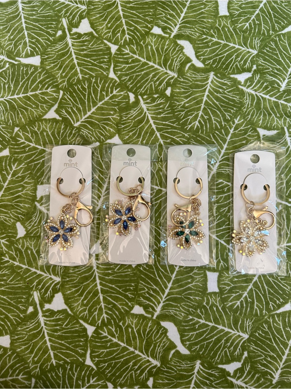 Mint Gold Floral Crystal Keyrings in Blue, Green & Clear